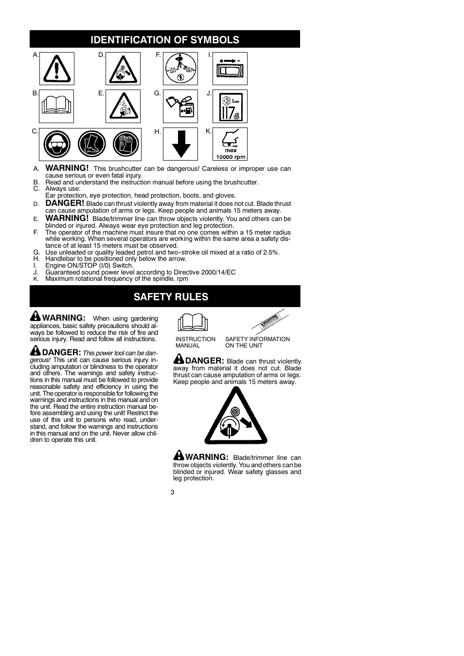 Identification of symbols, Safety rules, Warning | Danger | McCulloch Cabrio 433B User Manual | Page 3 / 18