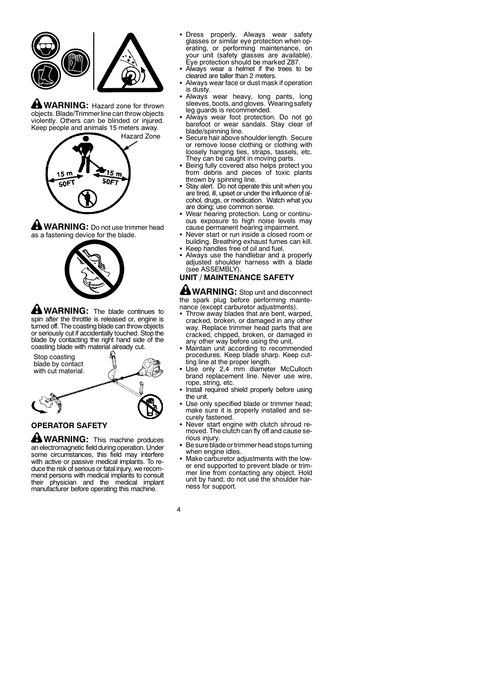 Warning | McCulloch Cabrio 433B User Manual | Page 4 / 18