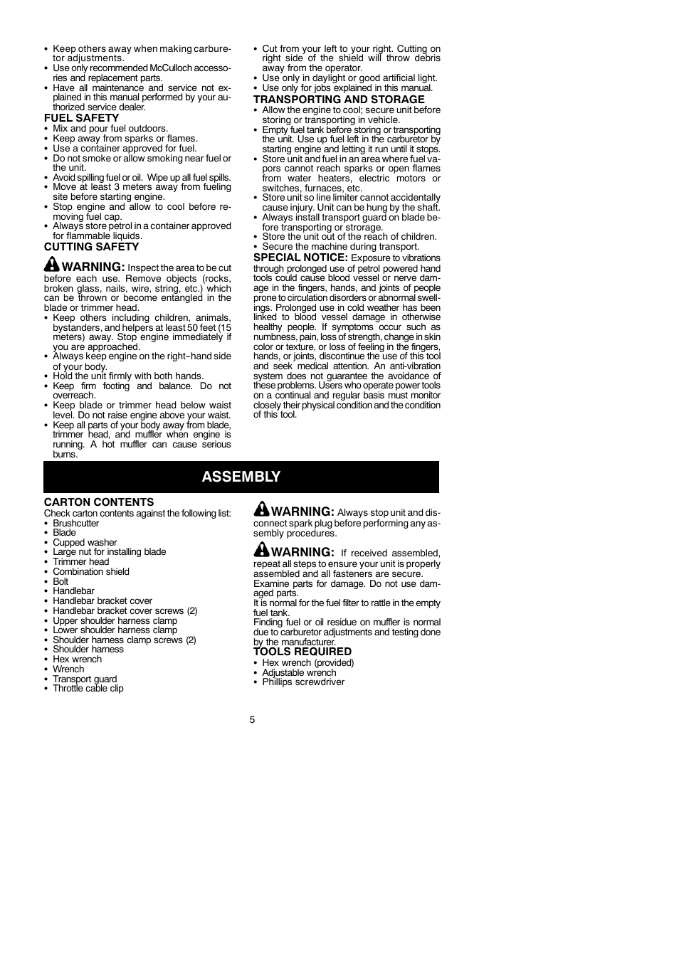 Assembly, Warning | McCulloch Cabrio 433B User Manual | Page 5 / 18