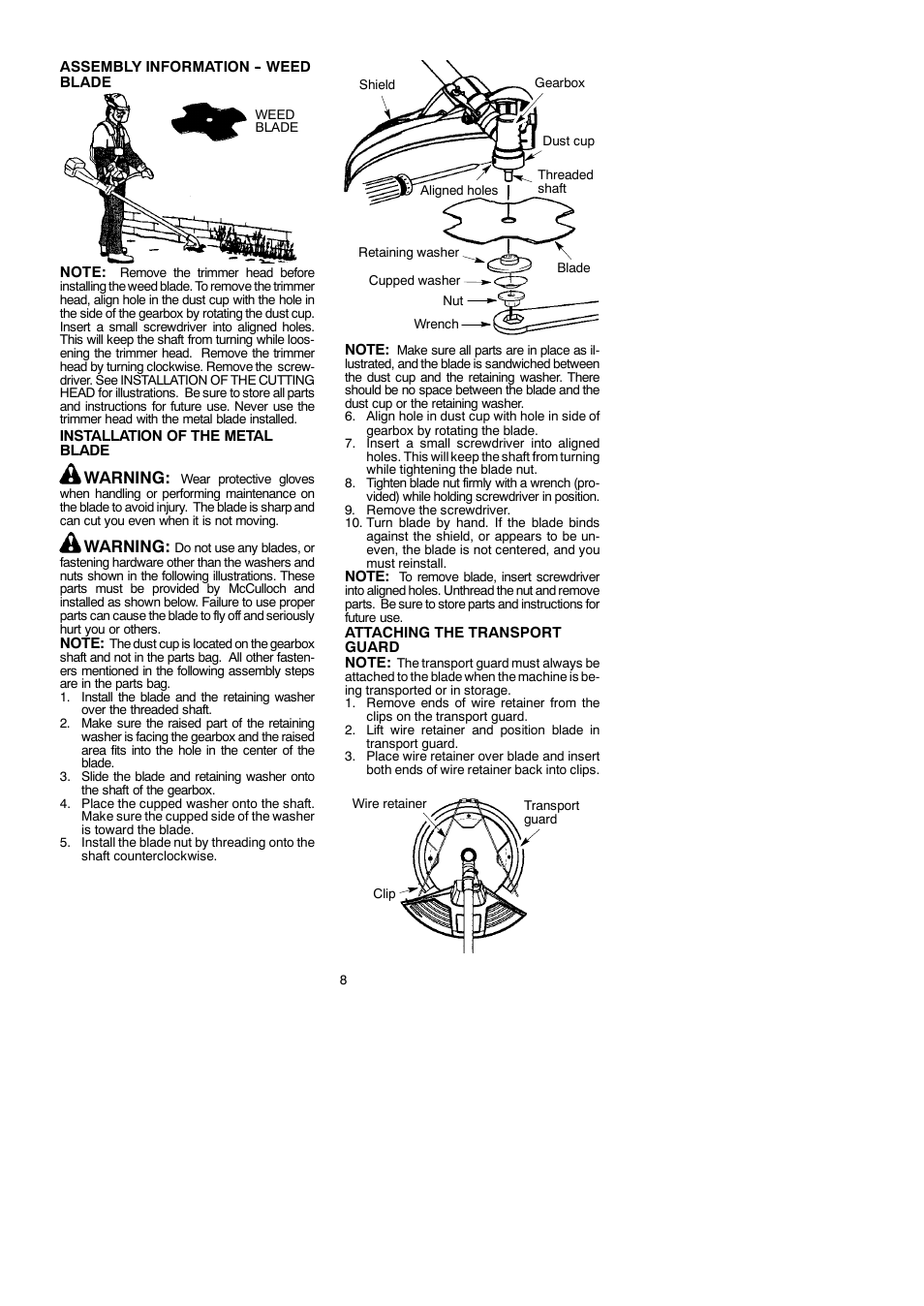 Warning | McCulloch Cabrio 433B User Manual | Page 8 / 18