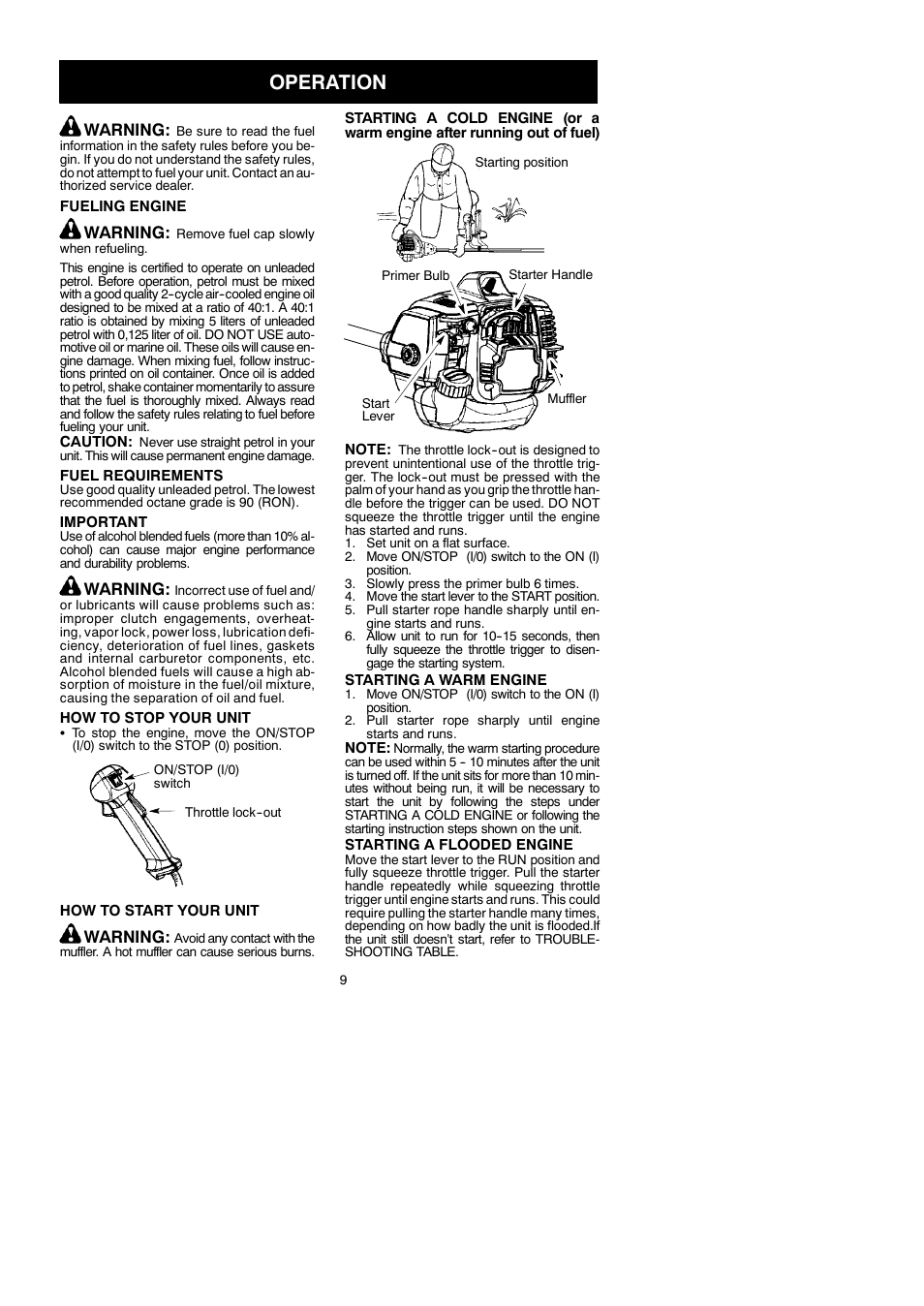 Operation, Warning | McCulloch Cabrio 433B User Manual | Page 9 / 18