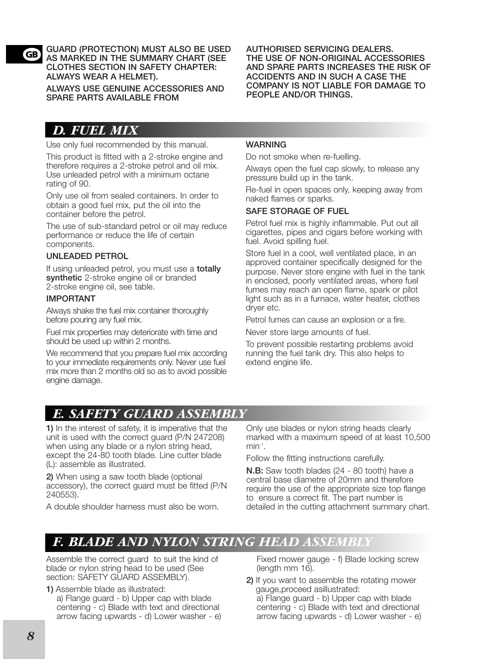 F. blade and nylon string head assembly, E. safety guard assembly, D. fuel mix | McCulloch Euromac D380/38cc User Manual | Page 10 / 13