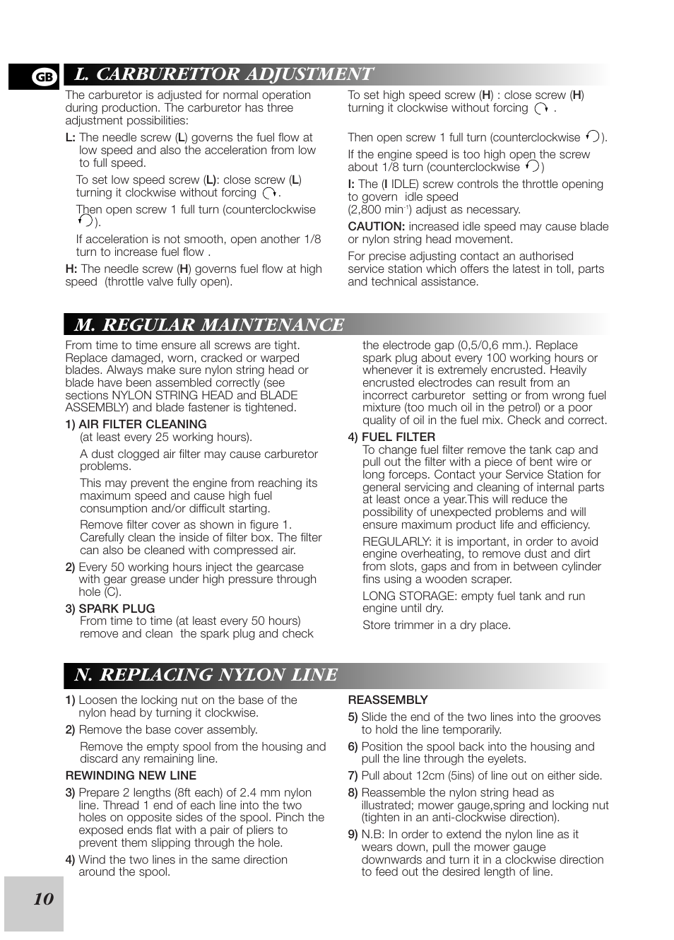 M. regular maintenance n. replacing nylon line, L. carburettor adjustment, 10 a | McCulloch Euromac D380/38cc User Manual | Page 12 / 13