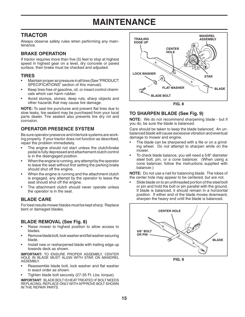 Maintenance, Tractor | McCulloch MC1136B User Manual | Page 15 / 44