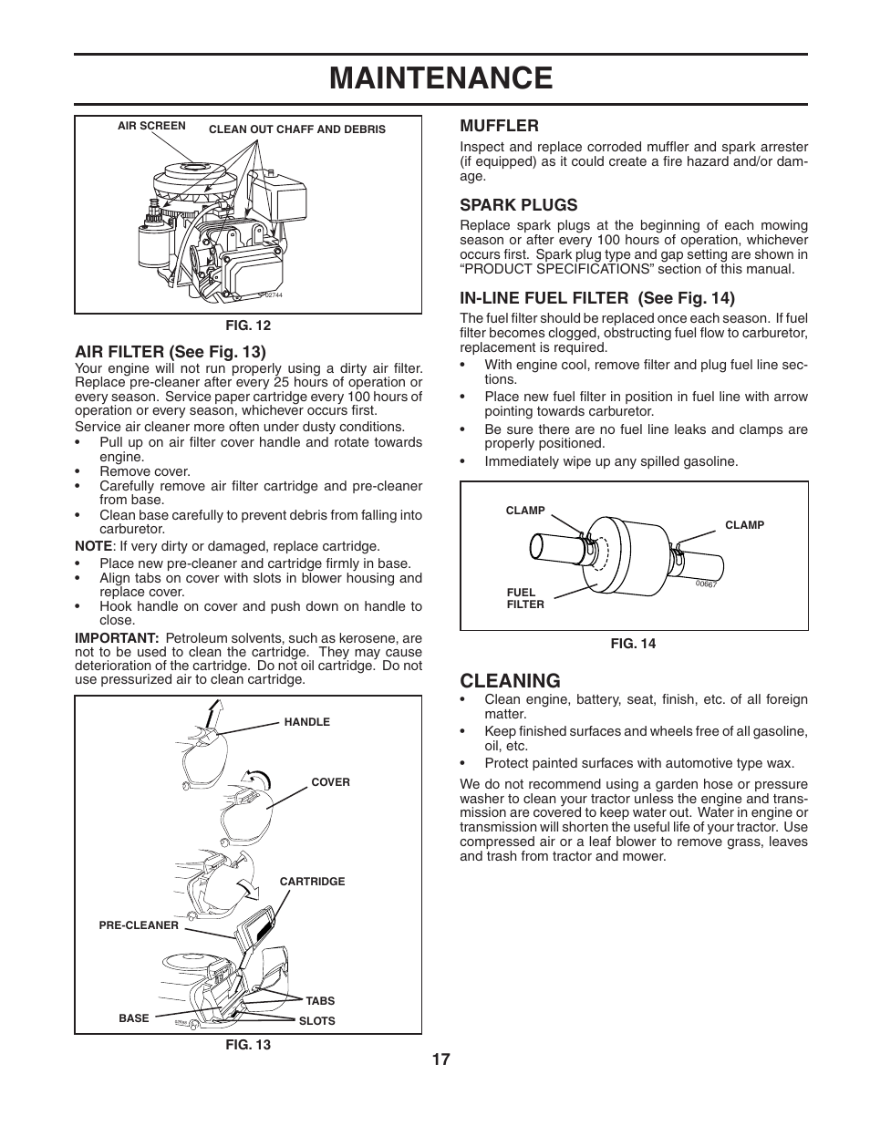 Maintenance, Cleaning, Muffler | Spark plugs, In-line fuel filter (see fig. 14), Air filter (see fig. 13) | McCulloch MC1136B User Manual | Page 17 / 44