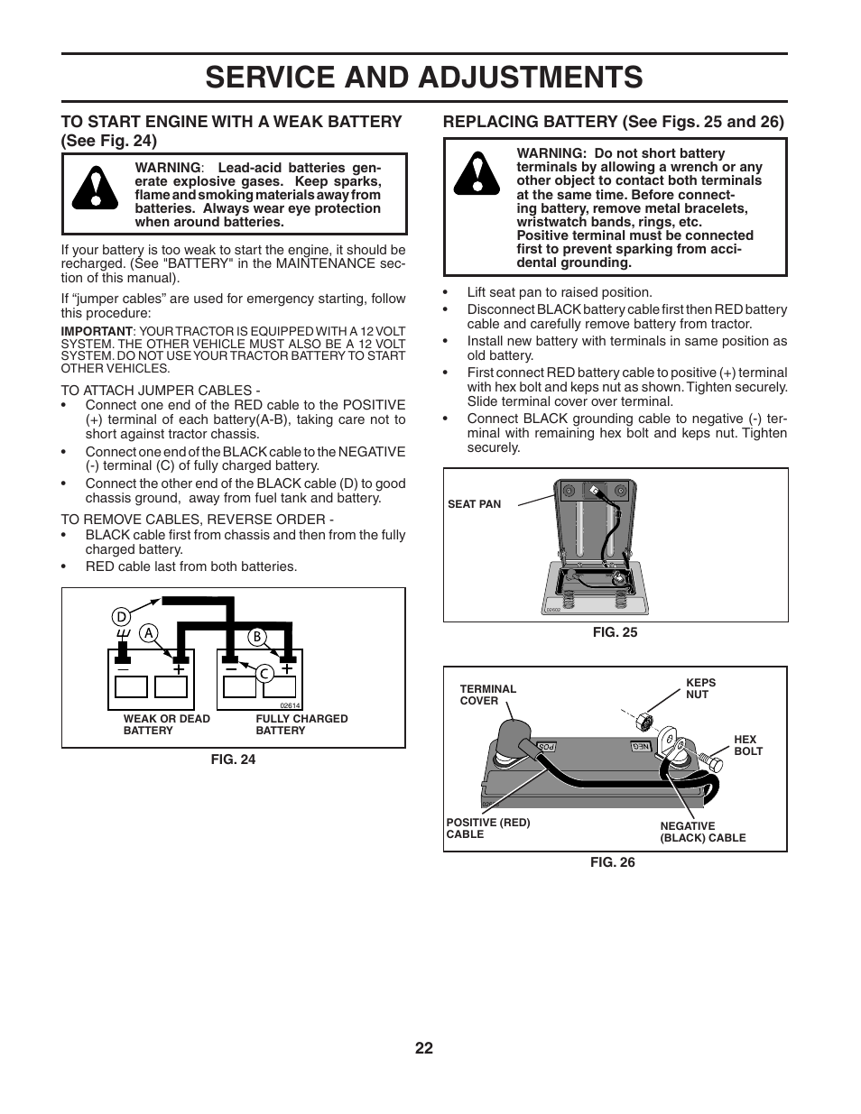 Service and adjustments, Replacing battery (see figs. 25 and 26) | McCulloch MC1136B User Manual | Page 22 / 44