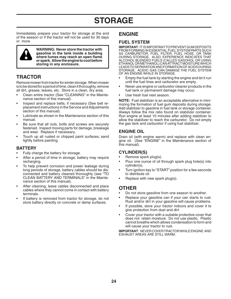 Storage, Tractor, Engine | Other | McCulloch MC1136B User Manual | Page 24 / 44