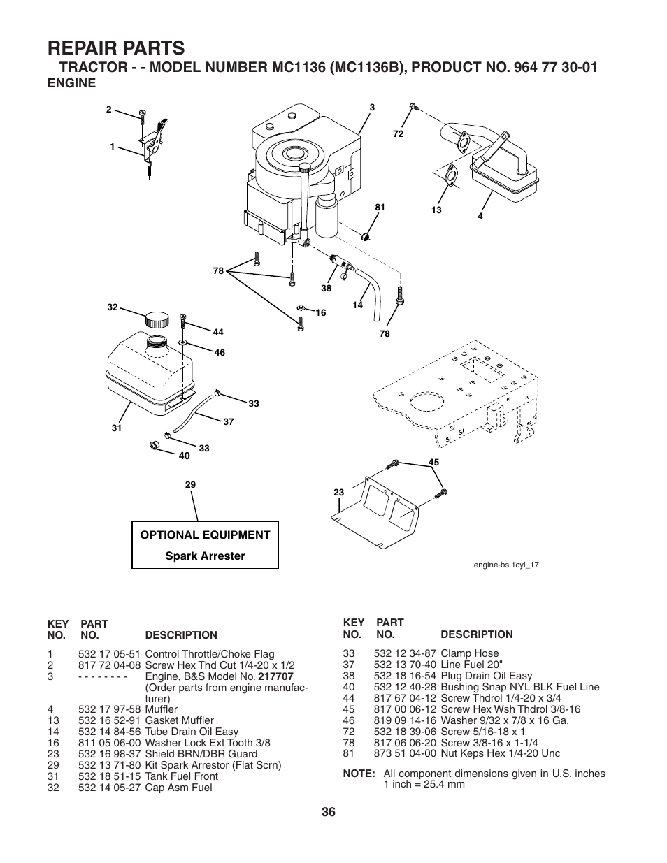 Repair parts, Engine | McCulloch MC1136B User Manual | Page 36 / 44
