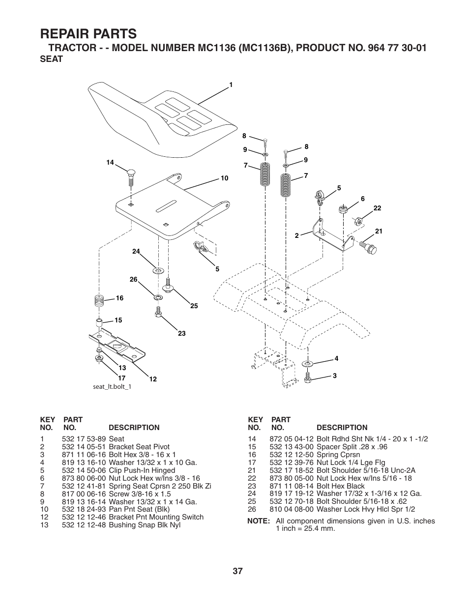 Repair parts, Seat | McCulloch MC1136B User Manual | Page 37 / 44