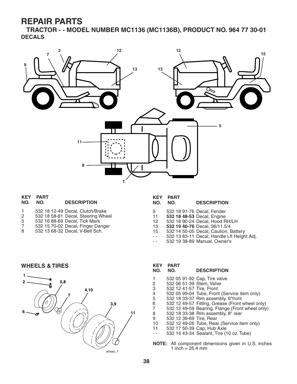 Repair parts, Decals, Wheels & tires | McCulloch MC1136B User Manual | Page 38 / 44