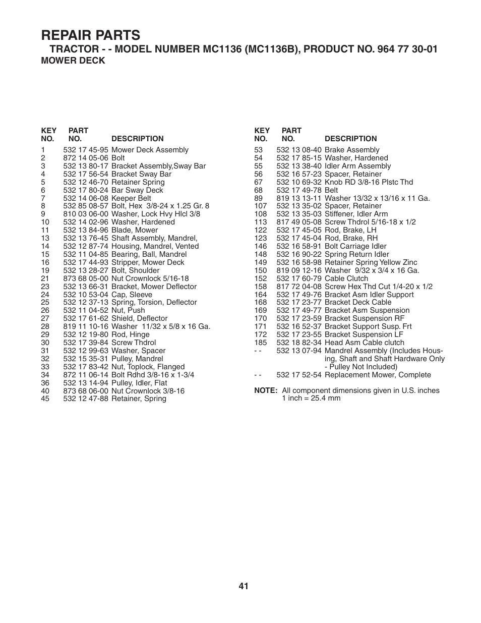 Repair parts | McCulloch MC1136B User Manual | Page 41 / 44