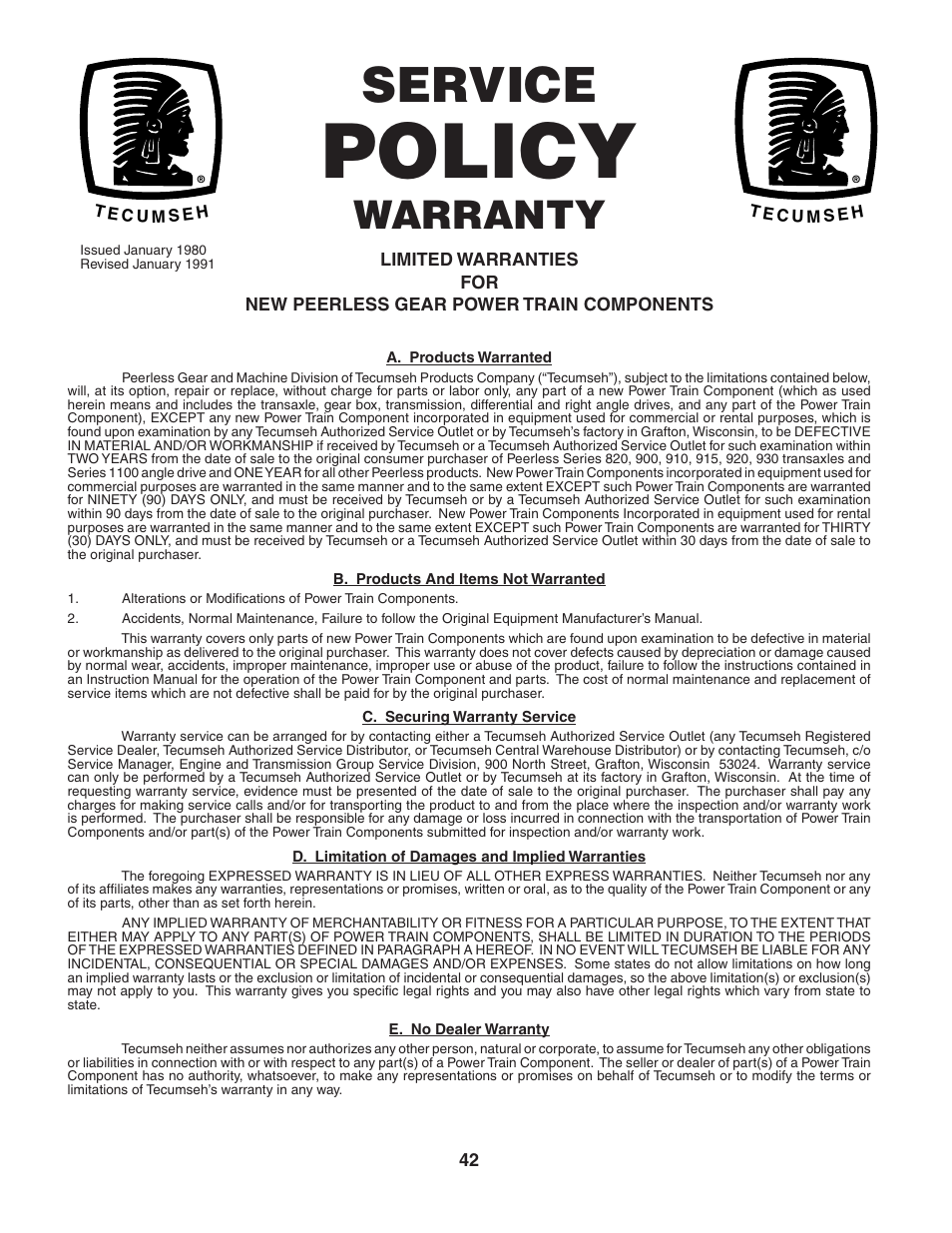 Policy, Service, Warranty | McCulloch MC1136B User Manual | Page 42 / 44