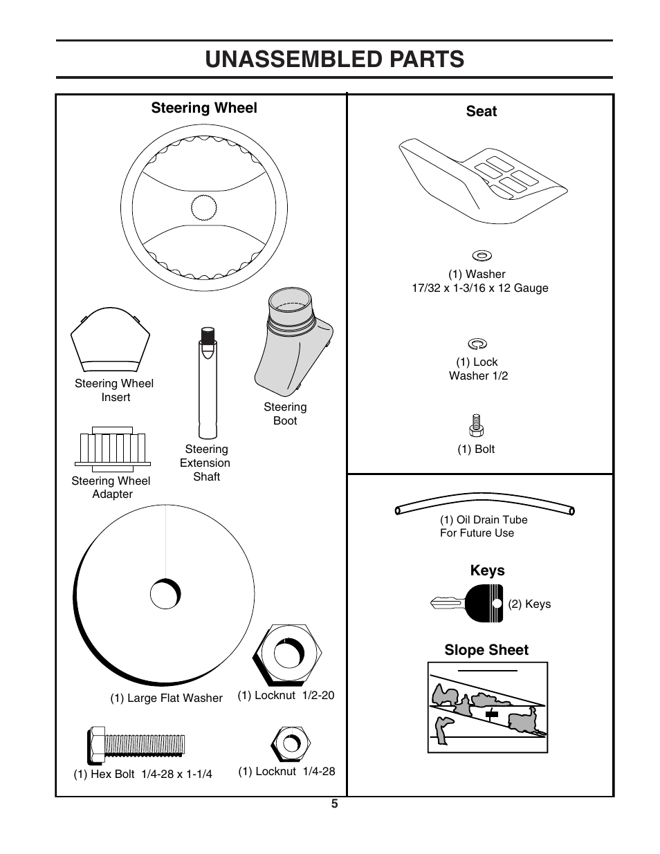 Unassembled parts, Steering wheel, Seat | Slope sheet keys | McCulloch MC1136B User Manual | Page 5 / 44