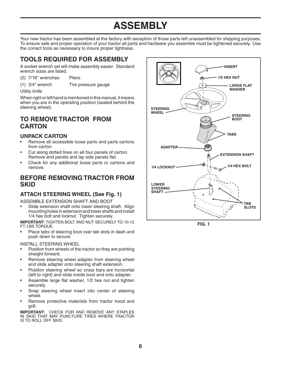 Assembly, Tools required for assembly, Before removing tractor from skid | McCulloch MC1136B User Manual | Page 6 / 44