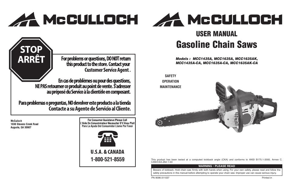 McCulloch MCC1635AK-CA User Manual | 37 pages
