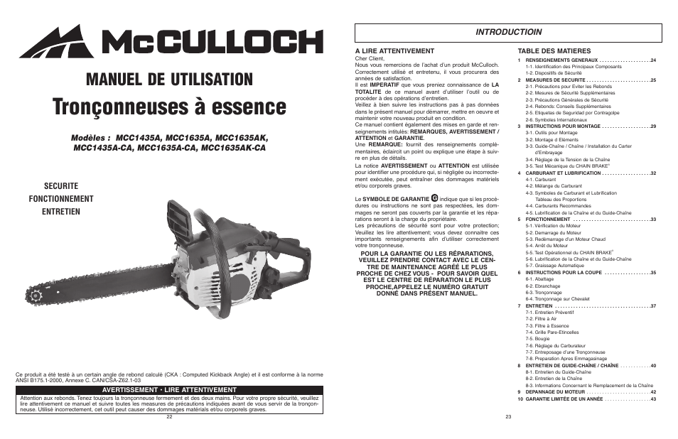 Tronçonneuses à essence, Manuel de utilisation, Introductioin | Securite fonctionnement entretien | McCulloch MCC1635AK-CA User Manual | Page 12 / 37