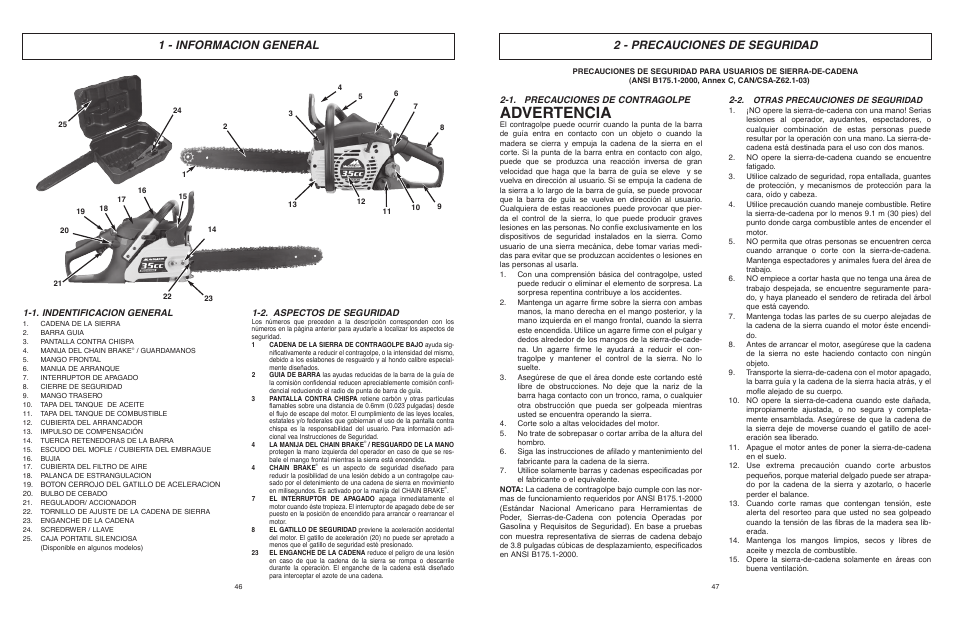 Advertencia, 2 - precauciones de seguridad, 1 - informacion general | 1. indentificacion general, 2. aspectos de seguridad, 1. precauciones de contragolpe | McCulloch MCC1635AK-CA User Manual | Page 24 / 37