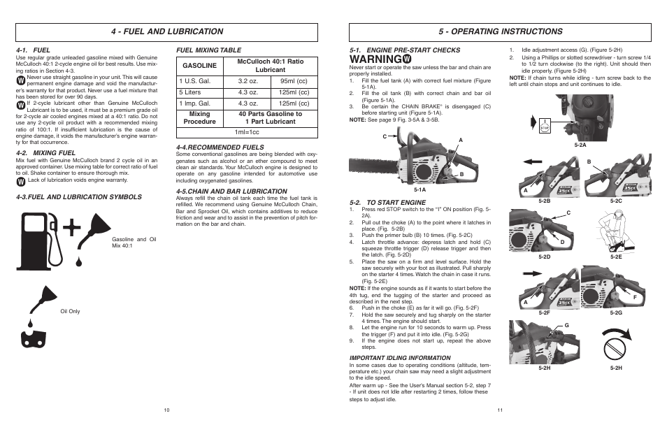 Warning, 4 - fuel and lubrication, 5 - operating instructions | McCulloch MCC1635AK-CA User Manual | Page 6 / 37