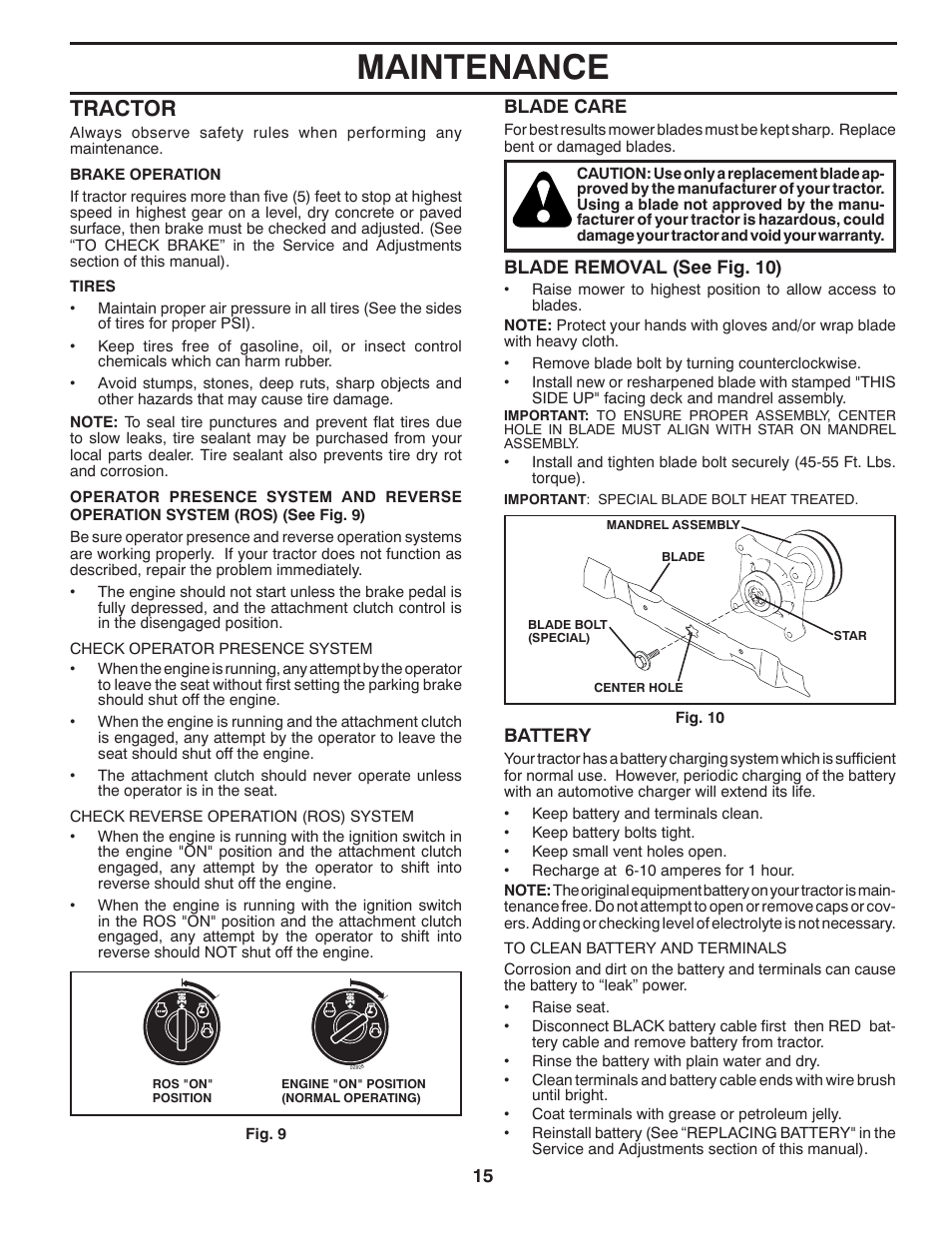 Maintenance, Tractor | McCulloch 96012010400 User Manual | Page 15 / 28