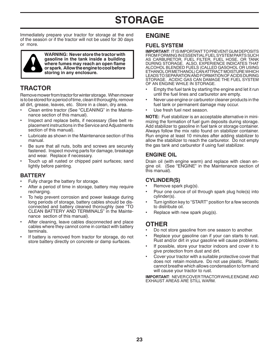 Storage, Tractor, Engine | Other | McCulloch 96012010400 User Manual | Page 23 / 28