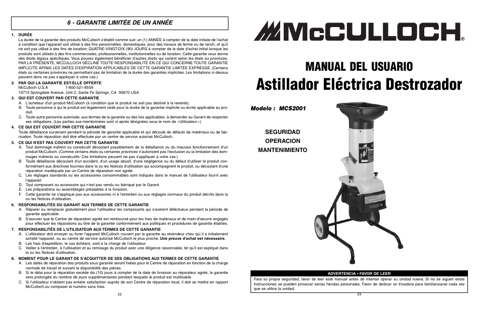 Astillador eléctrica destrozador, Manual del usuario, 6 - garantie limitée de un année | Seguridad operacion mantenimiento modelo : mcs2001 | McCulloch MCS2001 User Manual | Page 12 / 20