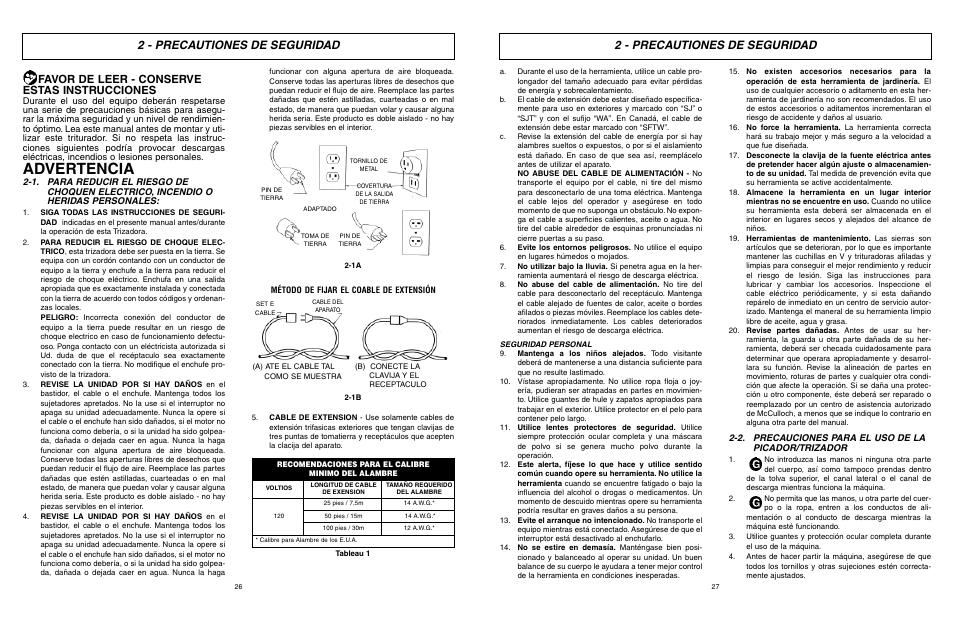 Advertencia, 2 - precautiones de seguridad, Favor de leer - conserve estas instrucciones | 2. precauciones para el uso de la picador/trizador | McCulloch MCS2001 User Manual | Page 14 / 20
