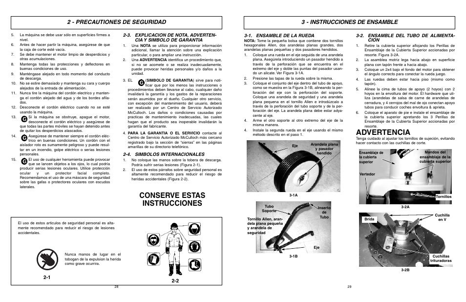 Conserve estas instrucciones, Advertencia, 2 - precautiones de seguridad | 3 - instrucciones de ensamble | McCulloch MCS2001 User Manual | Page 15 / 20