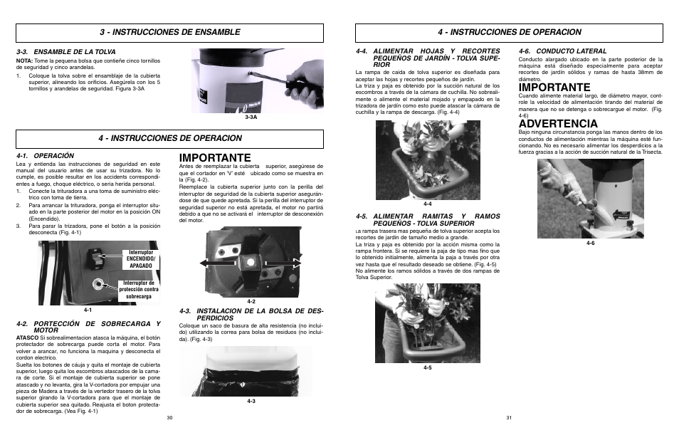 Importante, Advertencia, 3 - instrucciones de ensamble | 4 - instrucciones de operacion | McCulloch MCS2001 User Manual | Page 16 / 20