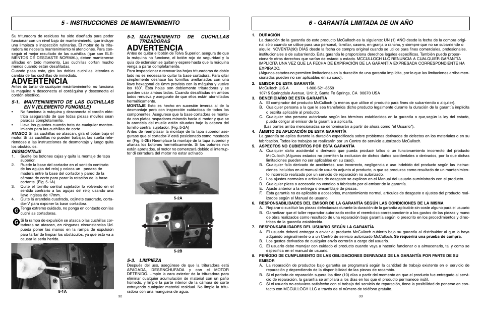 Advertencia, 5 - instrucciones de maintenimiento, 6 - garantía limitada de un año | McCulloch MCS2001 User Manual | Page 17 / 20