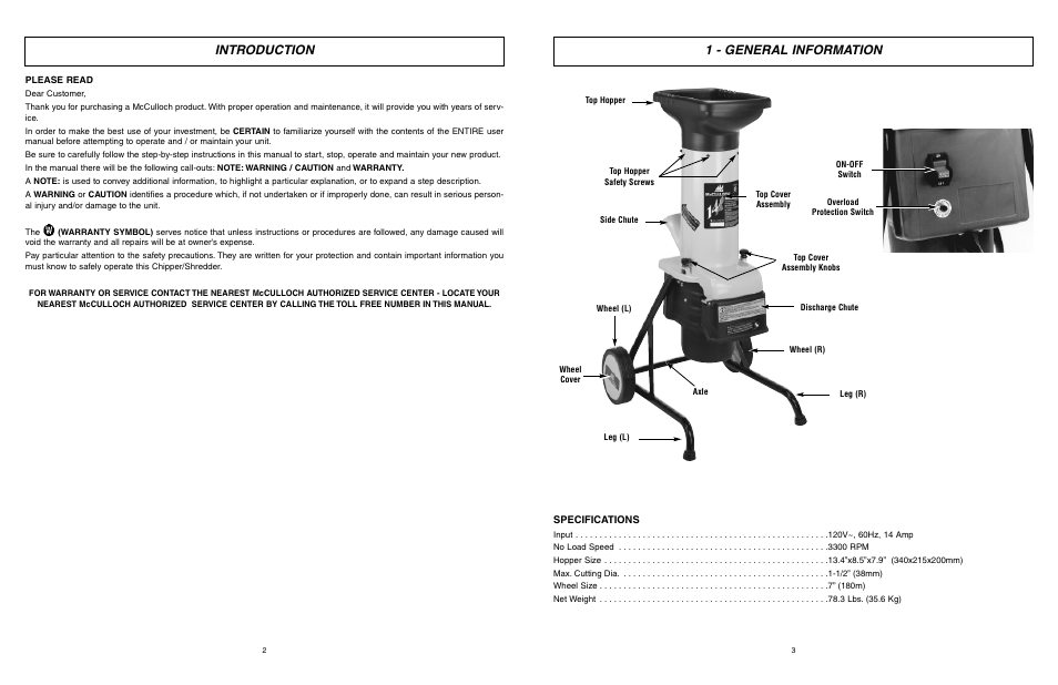 Introduction 1 - general information | McCulloch MCS2001 User Manual | Page 2 / 20