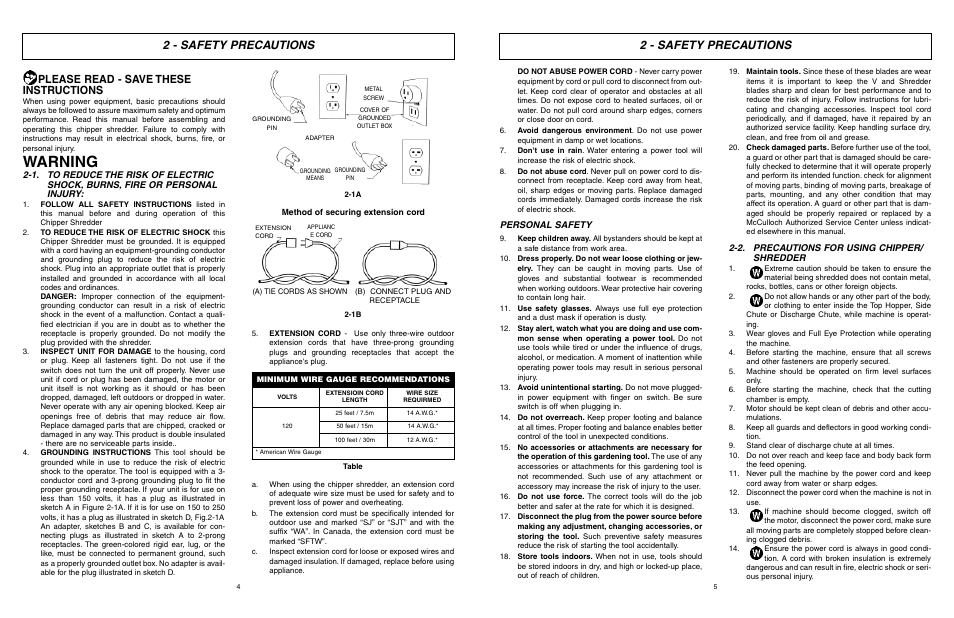 Warning, 2 - safety precautions, Please read - save these instructions | Personal safety, 2. precautions for using chipper/ shredder | McCulloch MCS2001 User Manual | Page 3 / 20