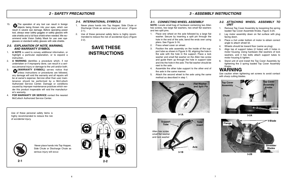 Warning, Save these instructions, 2 - safety precautions 3 - assembly instructions | McCulloch MCS2001 User Manual | Page 4 / 20