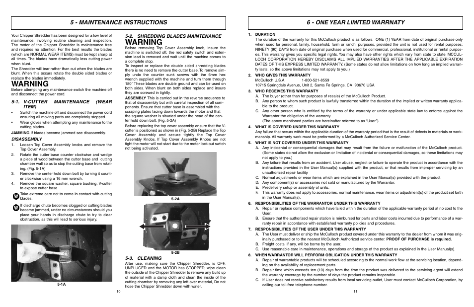 Warning, 6 - one year limited warrnaty, 5 - maintenance instructions | McCulloch MCS2001 User Manual | Page 6 / 20