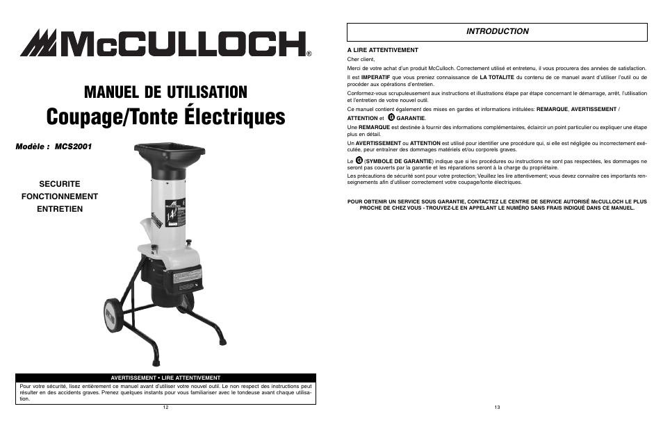 Coupage/tonte électriques, Manuel de utilisation, Securite fonctionnement entretien modèle : mcs2001 | Introduction | McCulloch MCS2001 User Manual | Page 7 / 20