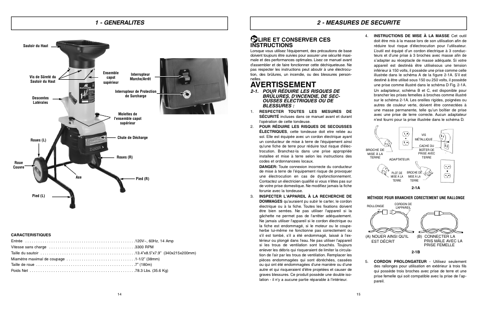 Avertissement, 1 - generalites, 2 - measures de securite | Lire et conserver ces instructions | McCulloch MCS2001 User Manual | Page 8 / 20