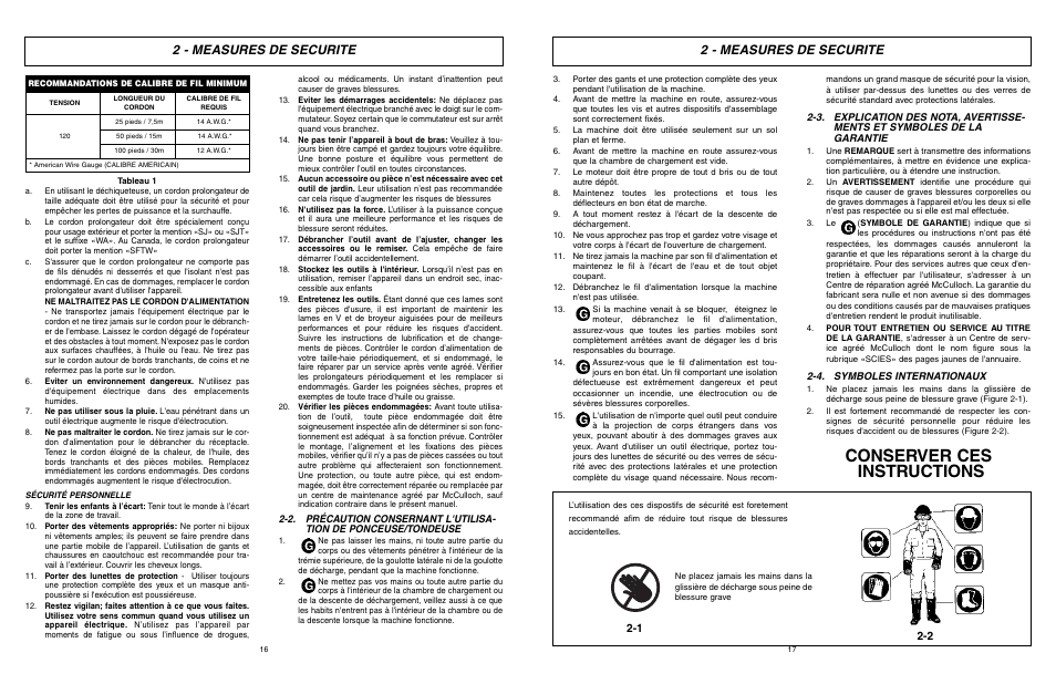 Conserver ces instructions, 2 - measures de securite | McCulloch MCS2001 User Manual | Page 9 / 20