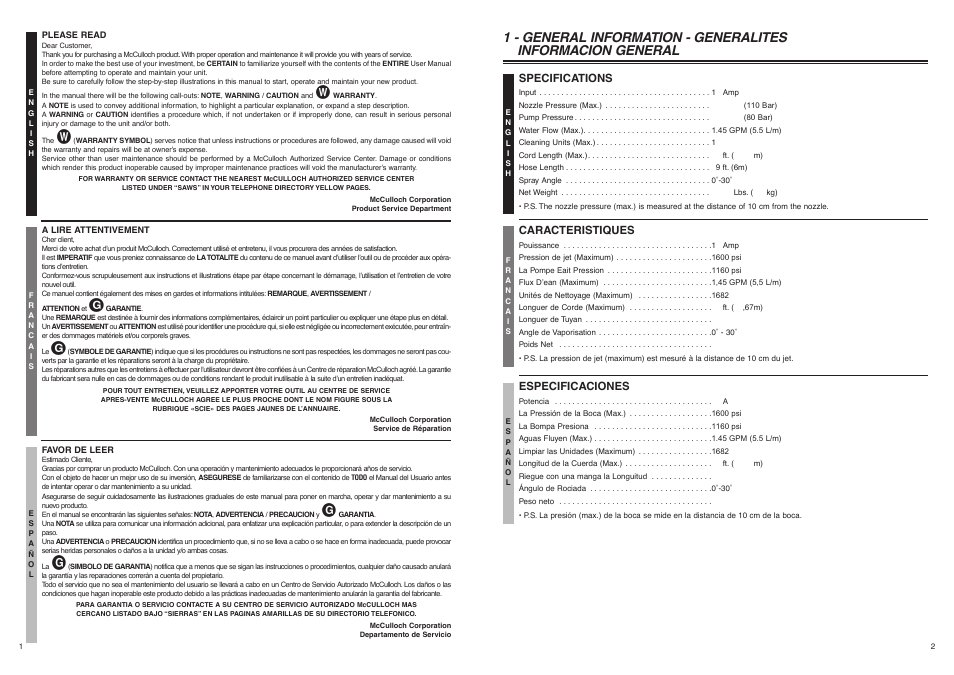 Specifications, Caracteristiques, Especificaciones | McCulloch FHH16J User Manual | Page 2 / 9