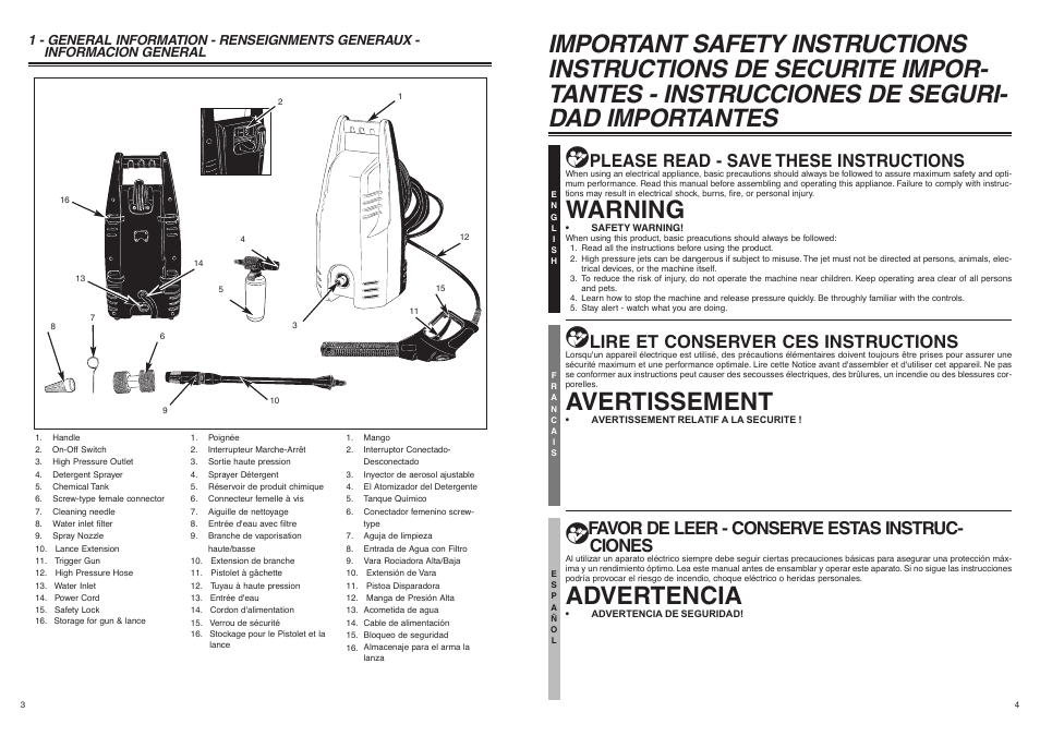 Warning, Avertissement, Advertencia | Please read - save these instructions, Lire et conserver ces instructions, Favor de leer - conserve estas instruc- ciones | McCulloch FHH16J User Manual | Page 3 / 9