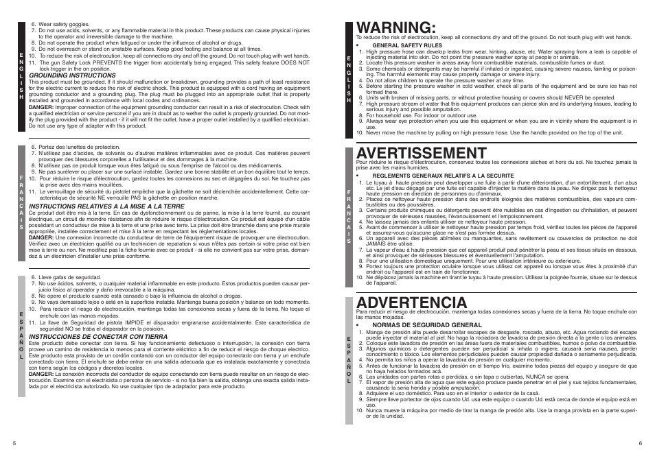 Avertissement, Warning, Advertencia | McCulloch FHH16J User Manual | Page 4 / 9
