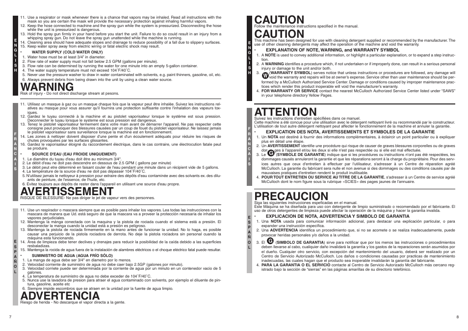 Warning, Avertissement, Advertencia | Caution, Attention, Precaucion | McCulloch FHH16J User Manual | Page 5 / 9