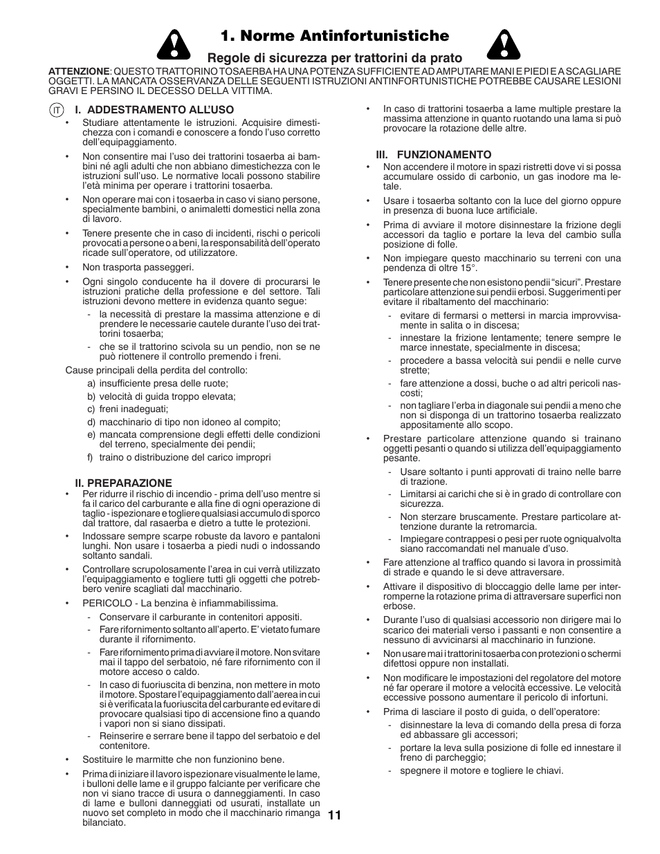 Norme antinfortunistiche, Regole di sicurezza per trattorini da prato | McCulloch M200117H User Manual | Page 11 / 84