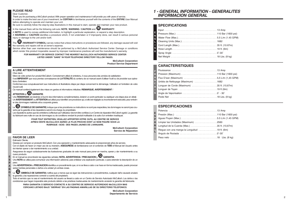 Specifications, Caracteristiques, Especificaciones | McCulloch 966989801 User Manual | Page 2 / 8
