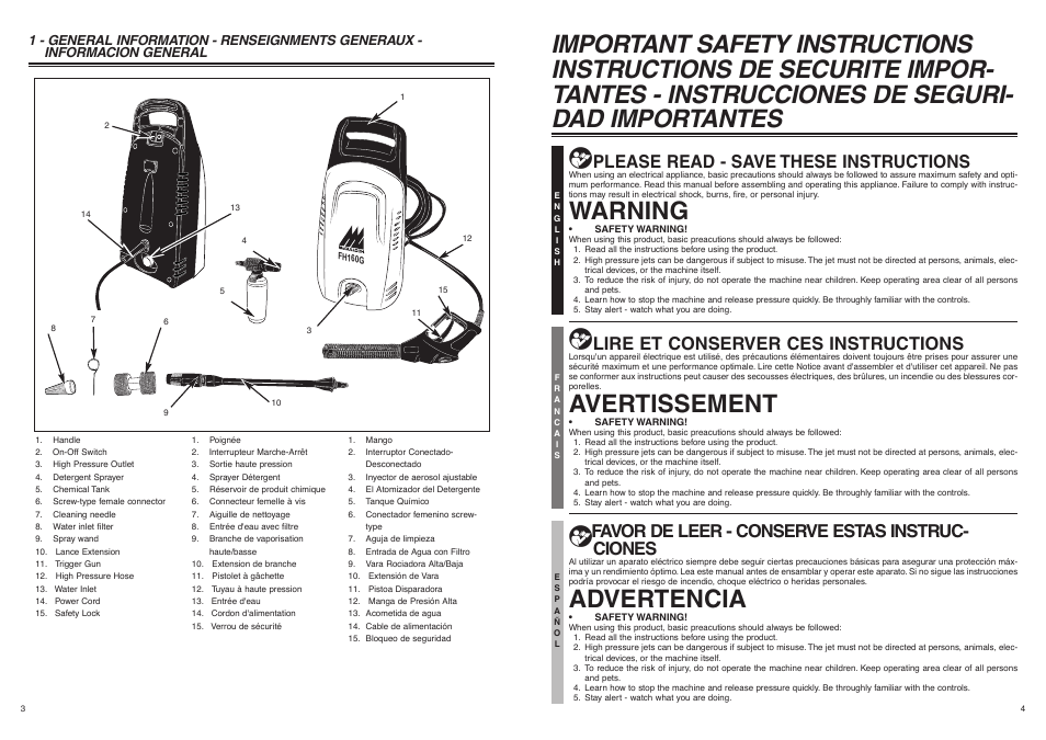Warning, Avertissement, Advertencia | Please read - save these instructions, Lire et conserver ces instructions, Favor de leer - conserve estas instruc- ciones | McCulloch 966989801 User Manual | Page 3 / 8