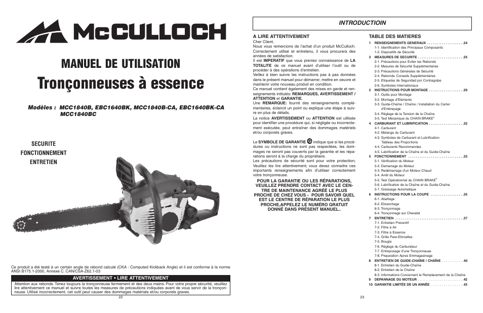 Tronçonneuses à essence, Manuel de utilisation, Introductioin | Securite fonctionnement entretien, Modèles | McCulloch EBC1640BK-CA User Manual | Page 12 / 38