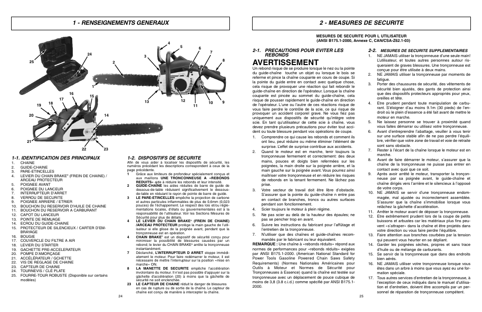 Avertissement, 2 - measures de securite, 1 - renseignements generaux | 1. precautions pour eviter les rebonds, 1. identification des principaux, 2. dispositifs de securite | McCulloch EBC1640BK-CA User Manual | Page 13 / 38