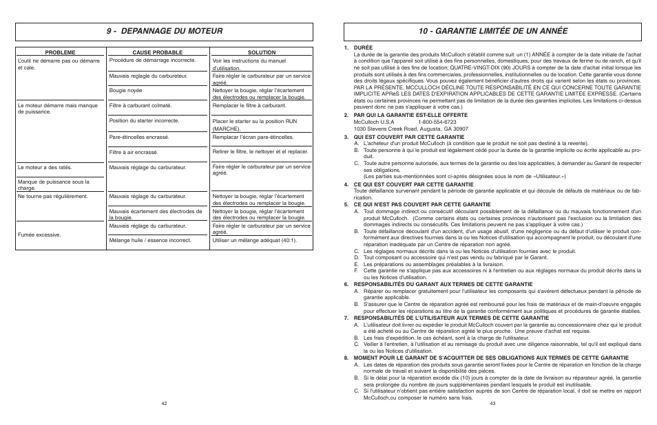 9 - depannage du moteur, 10 - garantie limitée de un année | McCulloch EBC1640BK-CA User Manual | Page 22 / 38