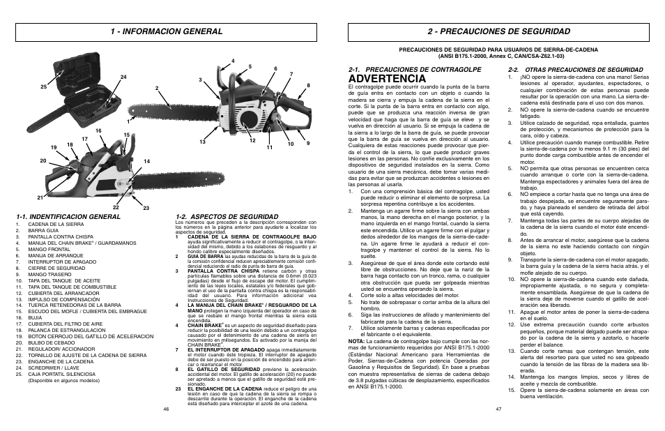 Advertencia, 2 - precauciones de seguridad, 1 - informacion general | 1. indentificacion general, 2. aspectos de seguridad, 1. precauciones de contragolpe | McCulloch EBC1640BK-CA User Manual | Page 24 / 38