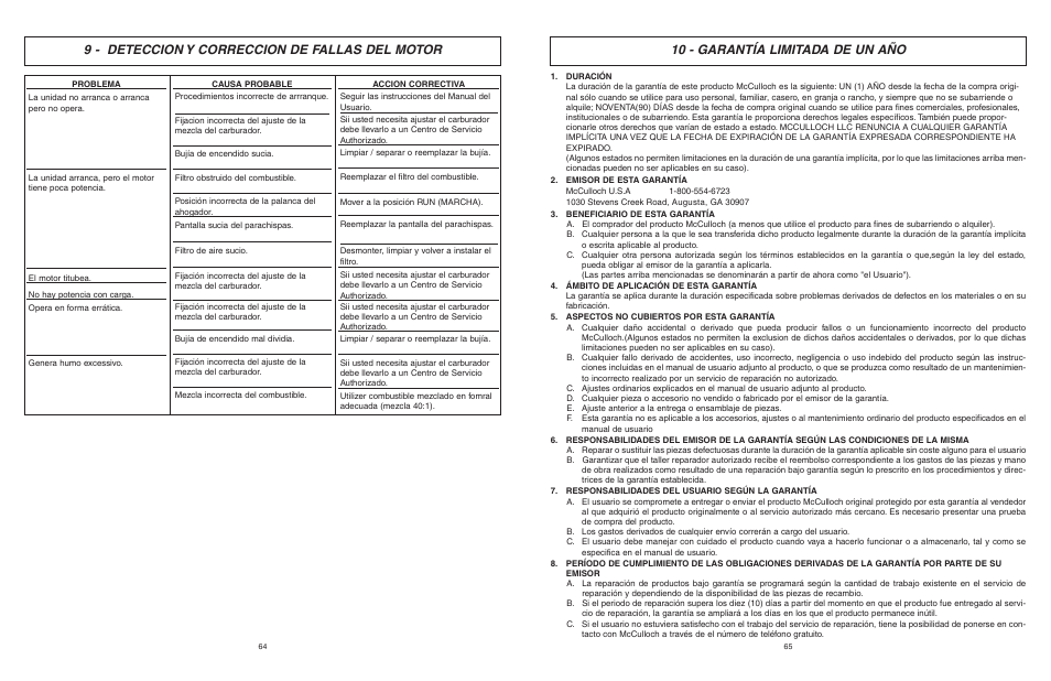 9 - deteccion y correccion de fallas del motor, 10 - garantía limitada de un año | McCulloch EBC1640BK-CA User Manual | Page 33 / 38