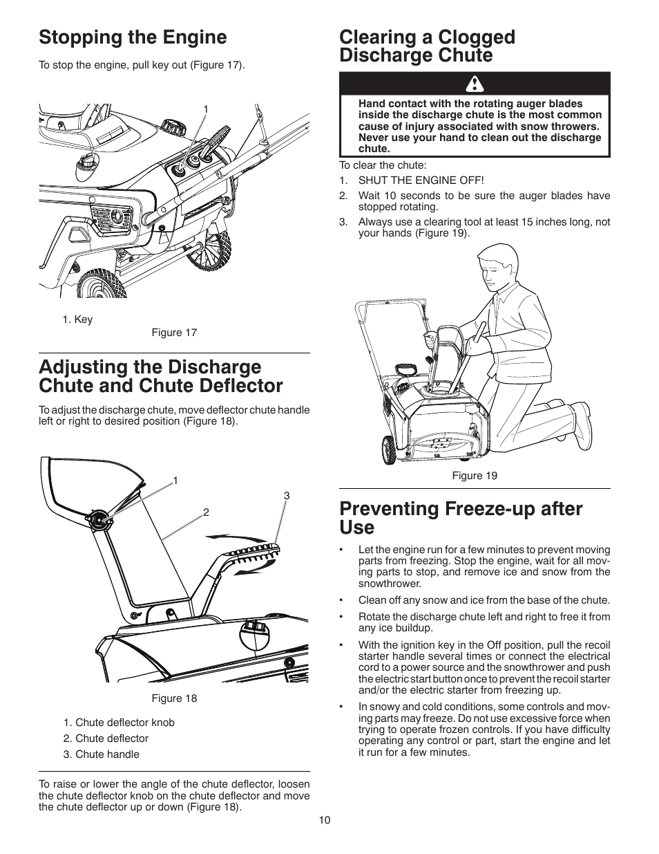 Stopping the engine, Adjusting the discharge chute and chute deflector | McCulloch 96182000500 User Manual | Page 10 / 30