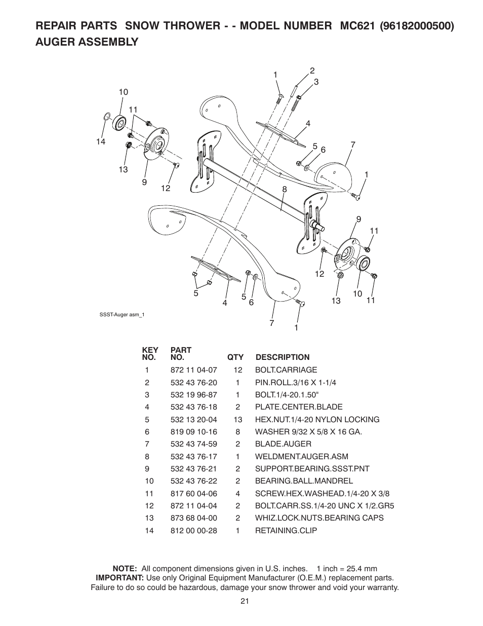 Auger assembly | McCulloch 96182000500 User Manual | Page 21 / 30